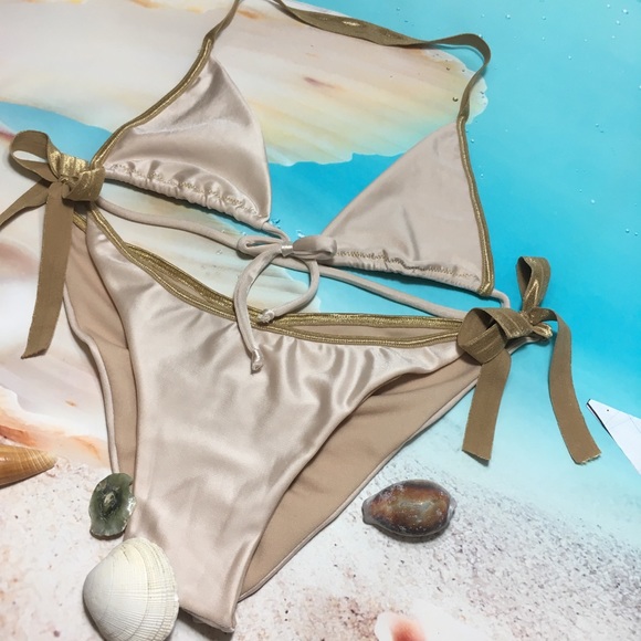 New Handmade Bikini Triangle Ruched Gold - Picture 1 of 7